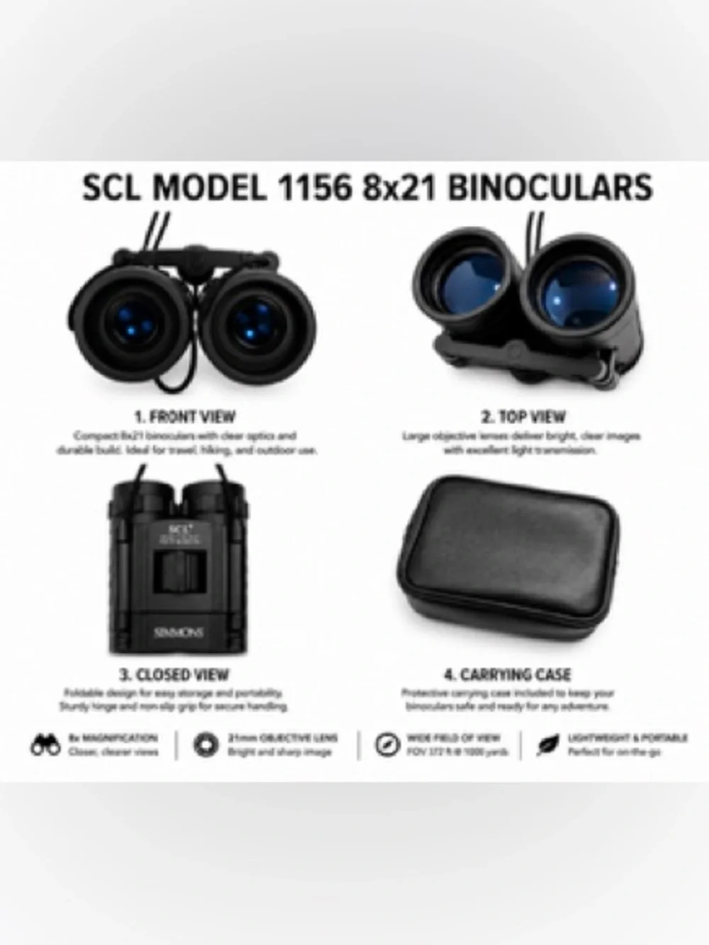 Simmons Binoculars, Model 1156 8x21 Black Compact with 8x Magnification